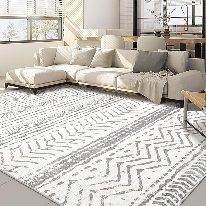 Nakagishi Area Rugs 8x10 Living Room: Washable Boho Large Neutral Soft Farmhouse Rug Stain Resistant Modern Geometric Non Slip Indoor Floor Carpet for Bedroom Nursery Kids Playroom Office- Gray White