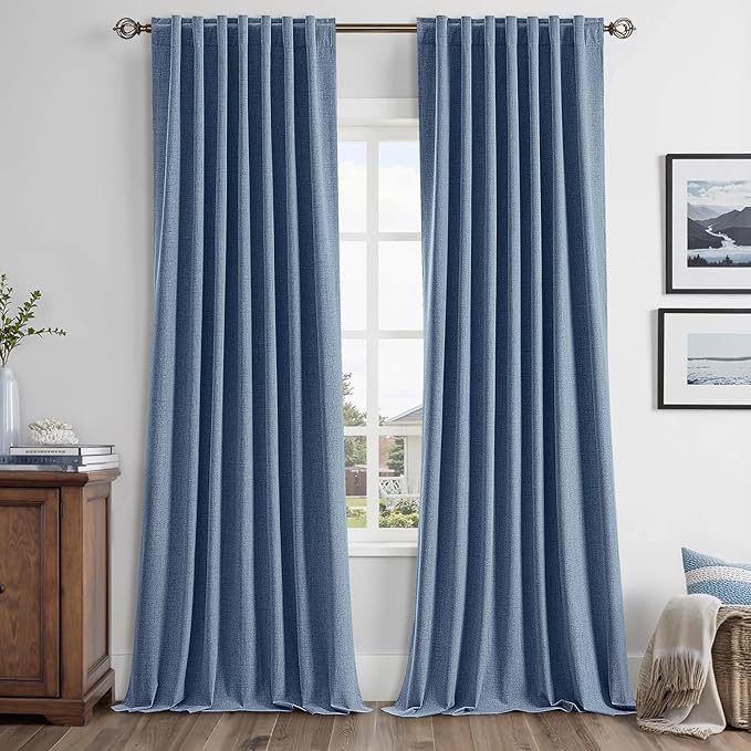 MIULEE 100% Blackout Linen Curtains for Bedroom, Blue Solid Luxury Decor Thermal Insulation Room Darkening Drapes for Living Room Nursery Back Tab Rod Pocket 42 x 96 Inches, 2 Panels