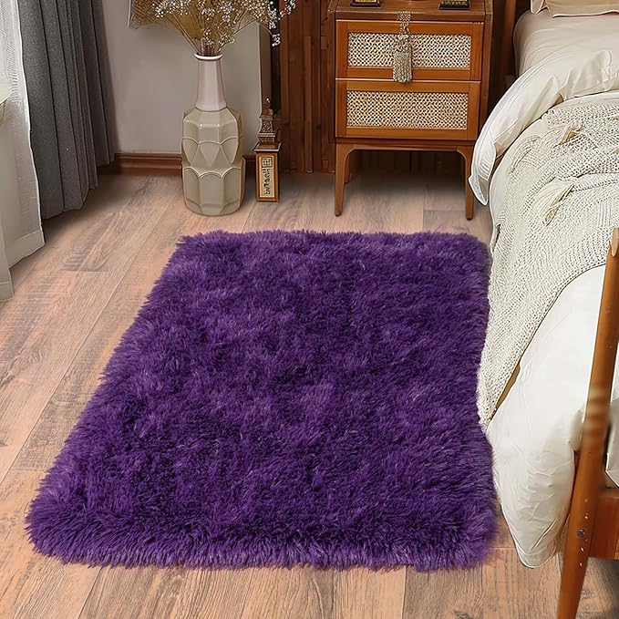 Soft Runner Rugs for Bedroom Hallways, 2x3 Purple Fluffy Shag Throw Area Rug Non Slip for Bedside Dorm, Long Shaggy Furry Carpet for Nursery Living Room