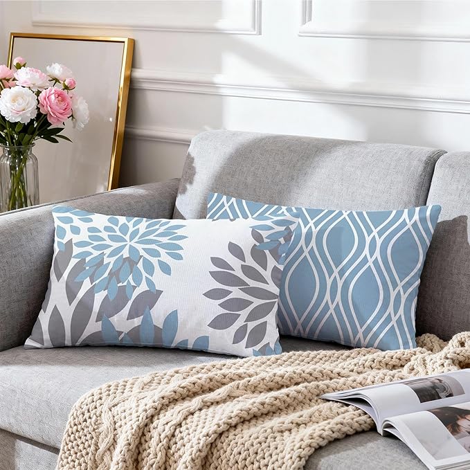 Hexagram Geometric Aqua Blue Pillow Covers 12x20 Set of 4, Decorative Outdoor Boho Modern Throw Pillow Covers, Home Sweet Home Farmhouse Cushion Case for Couch Sofa Bedroom Indoor Decor(No Insert)
