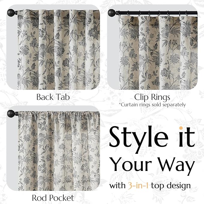 jinchan Linen Floral Curtains for Living Room with Printed Flower 84 Inches Long Light Filtering French Country Back Tab Rod Pocket Black Window Curtain Set Farmhouse Drapes 2 Panels Black