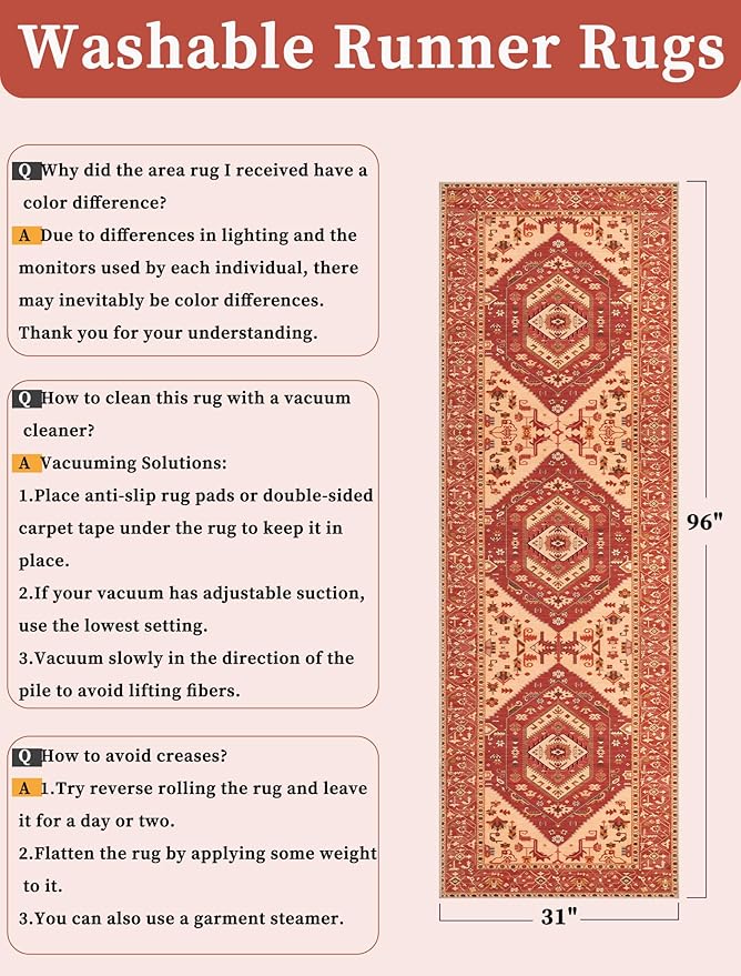 SERISSA Runner Rug for Hallways, 2'6"x8' Washable Non Slip Kitchen Runner Rug, Long Boho Rug Vintage Red Hallway Stair Ultra Soft Print Floor Carpet for Bedroom Bathroom Laundry Room