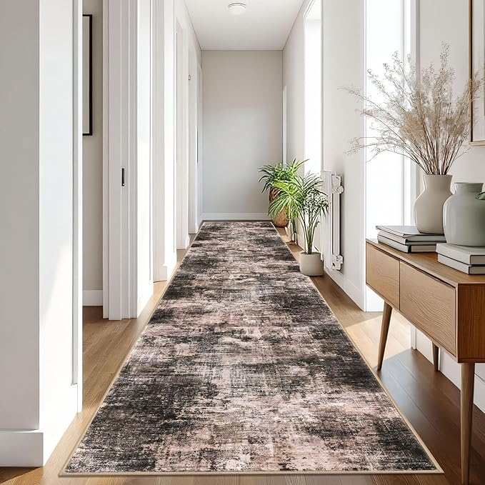 IOHOUZE Abstract Runner Rug 3x16 Ft Washable Runners for Hallways, Non Slip Kitchen Runner Printed Faux Wool Entryway Runner Indoor, Modern Abstract Floor Carpet for Hall Stair, Brown/Rust