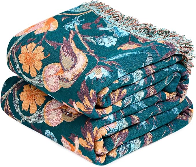 MSGKV Boho Throw Blanket for Couch 50"x60" Cotton Birds Floral Blanket Sofa Chair Blankets Muslin Spring Breathable All Seasons Lightweight Farmhouse Blankets Home Decor