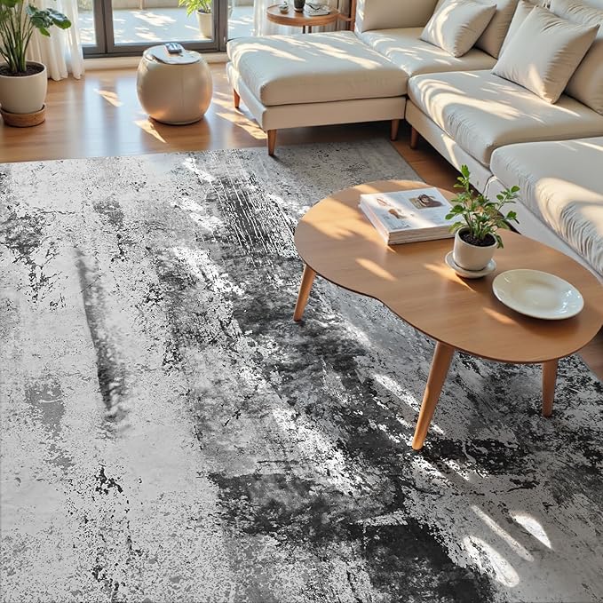 Living Room Rug 9x11 Ink Black Area Rugs Machine Washable Abstract Boho Large Rug Non-Slip Non-Shedding Faux Wool Indoor Vintage Carpet for Bedroom, Classroom, Dining Room, Kids Playroom