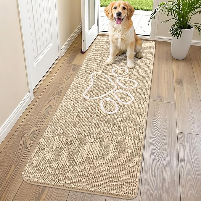 Smiry Dog Door Mat for Muddy Paws, Absorbent Dirt Trapper Non Slip Quick Dry Washable Chenille Mat for Mud Dogs, Entry Rug for Indoor and Outdoor (70x24 Inches, Beige and White)