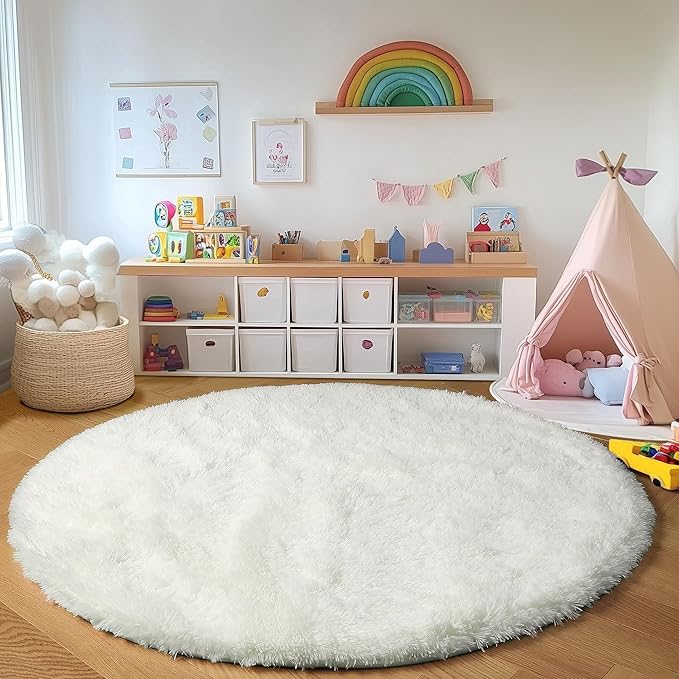 ONASAR Cream White Round Rugs 8ft for Living Room, Ivory Fluffy Bedroom Circle Area Rug, Soft Plush Shaggy Carpet for Kids Girls Boys Teen Nursery Dorm Classroom Playroom Home Decor Aesthetic