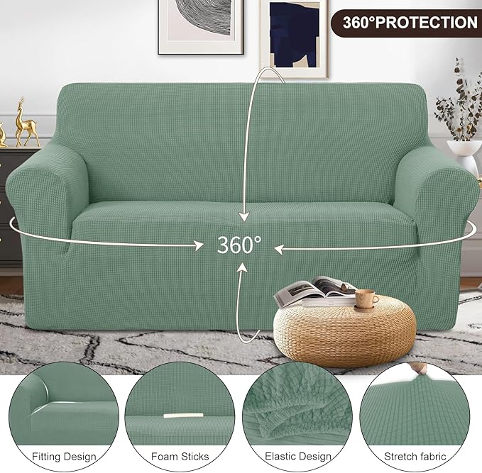 U-NICE HOME Oversized Stretch Loveseat Couch Cover Sofa Covers Washable Sofa Slipcover Furniture Protector for 2 Cushion Couch Sofa Pet Friendly, Cyan