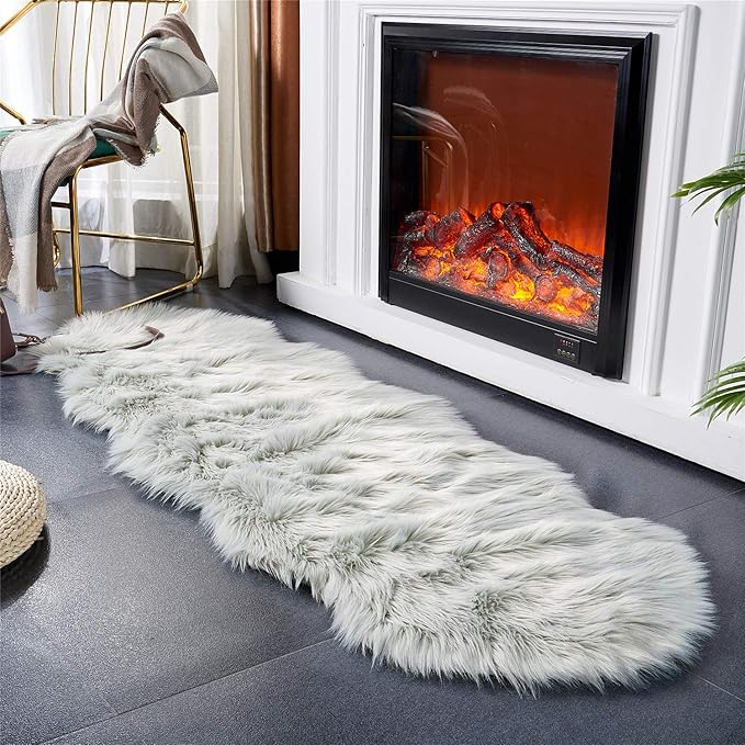 EasyJoy Ultra Soft Fluffy Shaggy Area Rug Faux Fur, Chair Cover, Fuzzy Seat Pad for Bedroom Floor Sofa Living Room (2 x 6 ft Sheepskin, Light Grey)