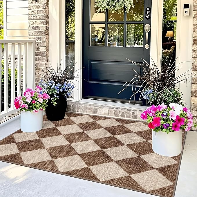 Brown Beige Checkered Entry Rug - 3x5 Non-Slip Washable Indoor Outdoor Front Door Mat Porch Rug Farmhouse Diamond Throw Carpet for Living Room Bedroom Entryway Kitchen Office Fall Porch Decor
