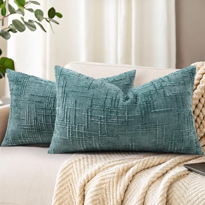 decorUhome Summer Teal Chenille Throw Pillow Covers 12x20 Set of 2 Textured Soft Cozy Slubby Couch Pillow Covers Modern Farmhouse Boho Decorative Pillow Cases for Bed Sofa Living Room