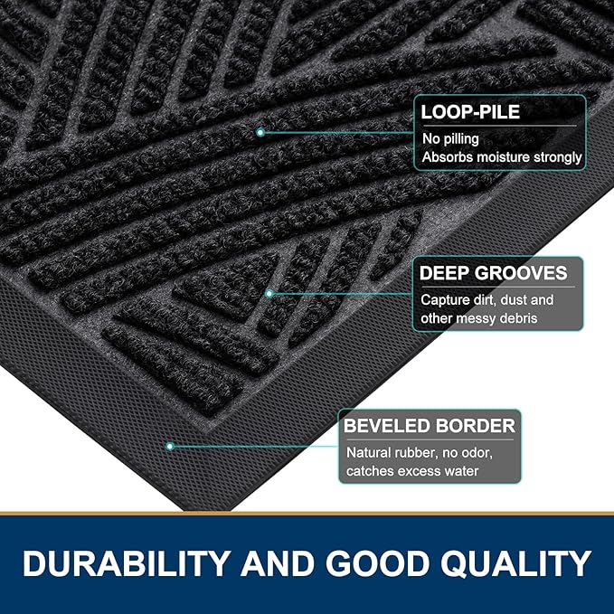 Smiry Front Door Mat Outside Entrance, Heavy Duty Sturdy Natural Rubber Doormat, Trap Dirt and Moisture, Easy Clean Low Profile Mats for Indoor Outdoor Entry, Interwoven Stripes 29.5x17, Black