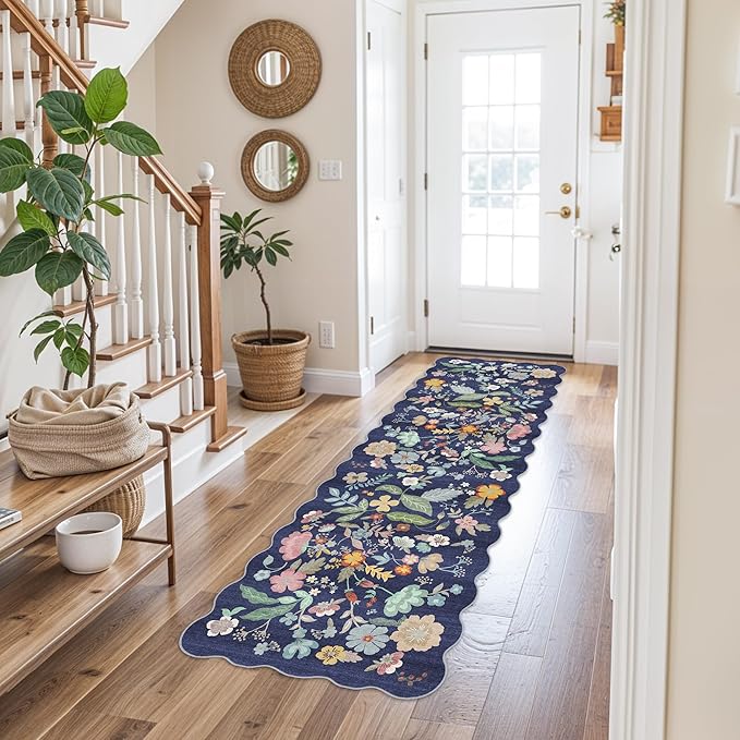 2x6 Hallway Floral Rug Runner: Washable Non Slip Low Pile Area Rug for Kitchen Front Door Soft Water Resistant Carpet for Bathroom Light Weight Durable Floor Mat for Bedroom Nursery(2x6/Blue/Purple)