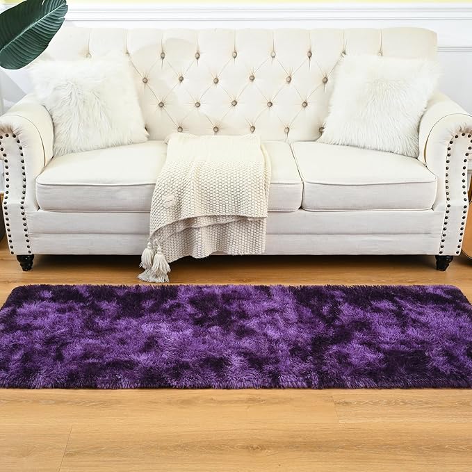 Goideal Fluffy Runner Rug for Bedroom Living Room, 2x6 Purple Bedside Rugs, Faux Fur Shag Modern Carpet Ultra Soft Girls Boys Room Home Decor, Tie-Dyed