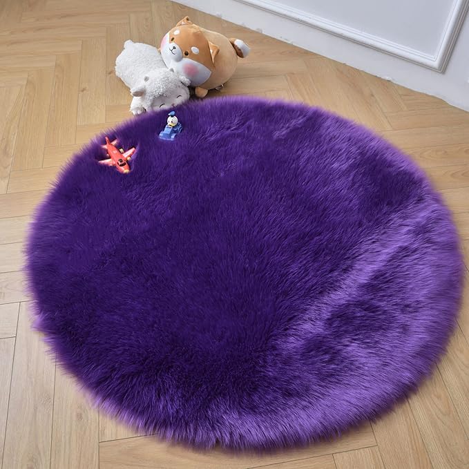 duduta Purple Faux Sheepskin Round Rug 4x4 ft, Fluffy Shag Fur Bedroom Nursery Kids Playroom Rug Dorm Decor Non Slip Washable