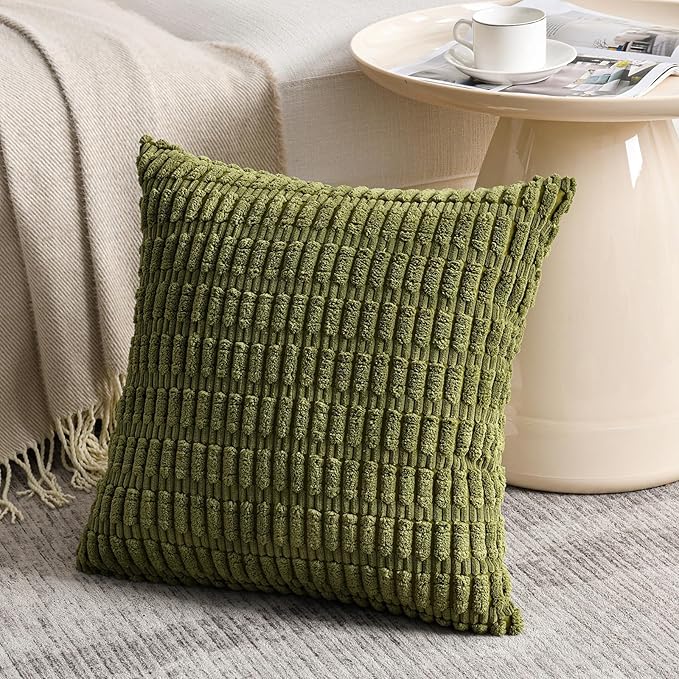 Fancy Homi 4 Packs Boho Moss Green Decorative Throw Pillow Covers 16x16 Inch for Couch Bed Sofa, Rustic Modern Farmhouse Home Decor, Soft Plush Corduroy Cute Square Cushion Case 40x40 cm