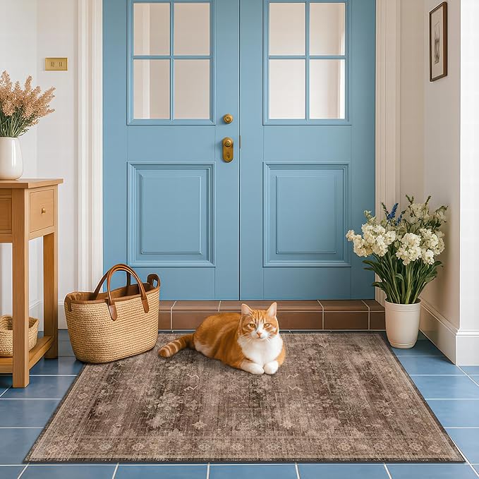 Brown Boho Washable 3x6 Entryway Runner Rug, Indoor Hallway Kitchen Floor Rug, Non-Slip Stain & Fade Resistant, Vintage Dark Neutral Floral Decor