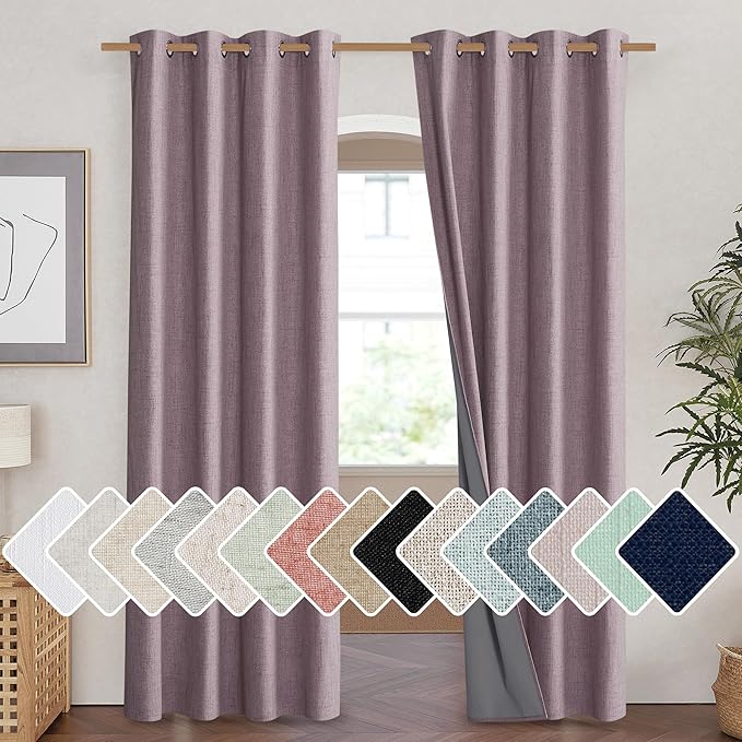 NICETOWN Chaise Mauve Vintage Linen 100% Blackout Curtains for Living Room, Thermal Insulated Curtains 90" Long, Noise Reducing Window Treatment Drapes for Home Cinema, 52" Wide Per Panel, Set of 2