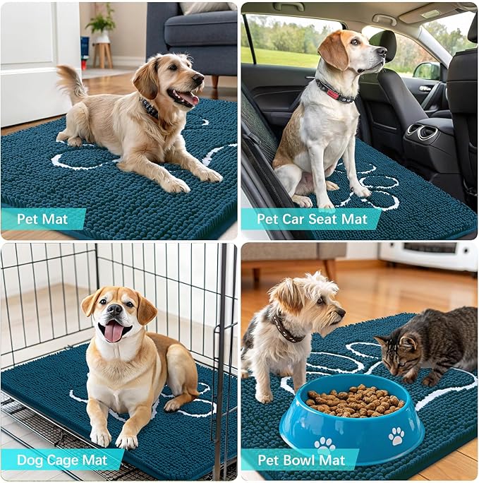 OLANLY Dog Door Mat for Muddy Paws 59x24, Paw Print Design, Absorbs Moisture and Dirt, Absorbent Non-Slip Washable Doormat, Quick Dry Chenille Mud Mat, Entry Indoor Entryway Carpet, Atlantic Blue