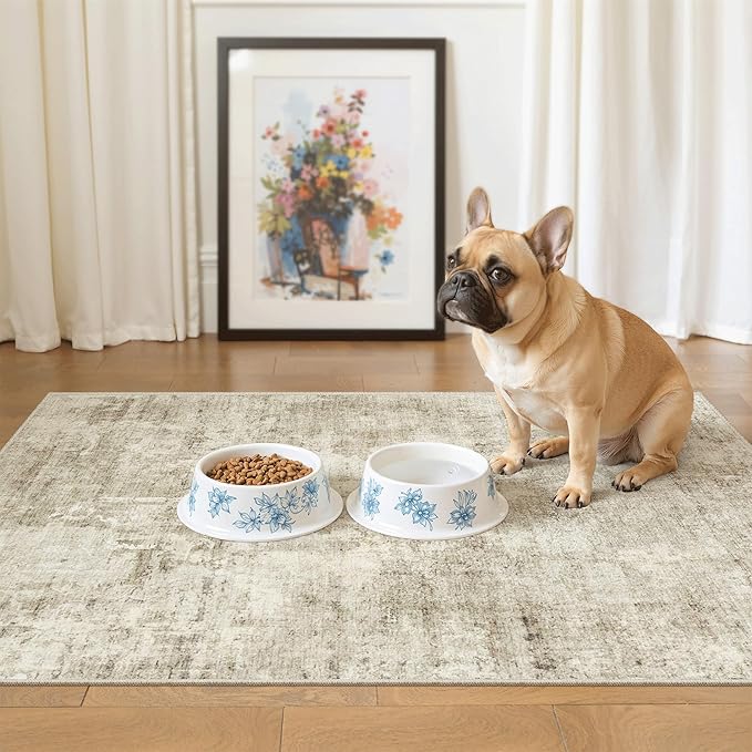 2x3 Washable Rugs for Kitchen, Floor, Entryway, Powder Room Small Area Rug Non-Slip Vintage Low Pile Throw Door Mat Beige/Gray