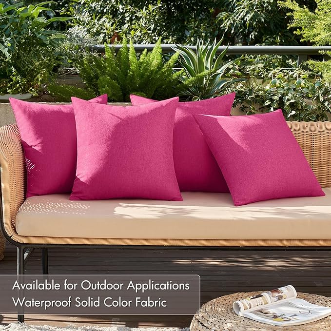 MIULEE Pack of 4 Decorative Outdoor Throw Pillow Covers Linen Waterproof Pillow Covers Farmhouse Cushion Cases for Patio Garden Tent Balcony Couch Sofa 18x18 inch Hot Pink