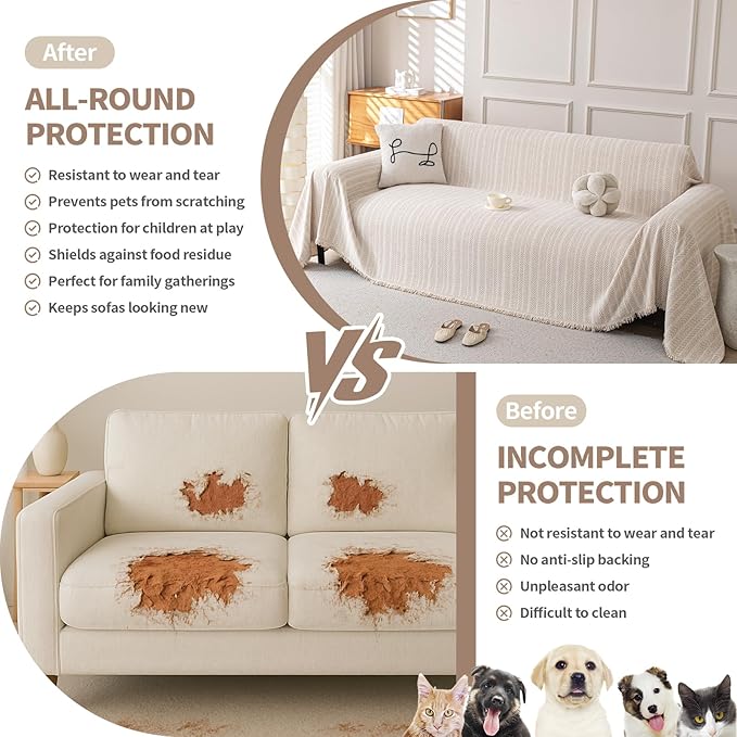 Boho Chenille Couch Cover for Dogs, Non Slip Sofa Cover, Couch Slipcover Covers for 3 Cushion, Furniture Protector with Tassels for Pets Washable, 91"x150", Fishbone Beige