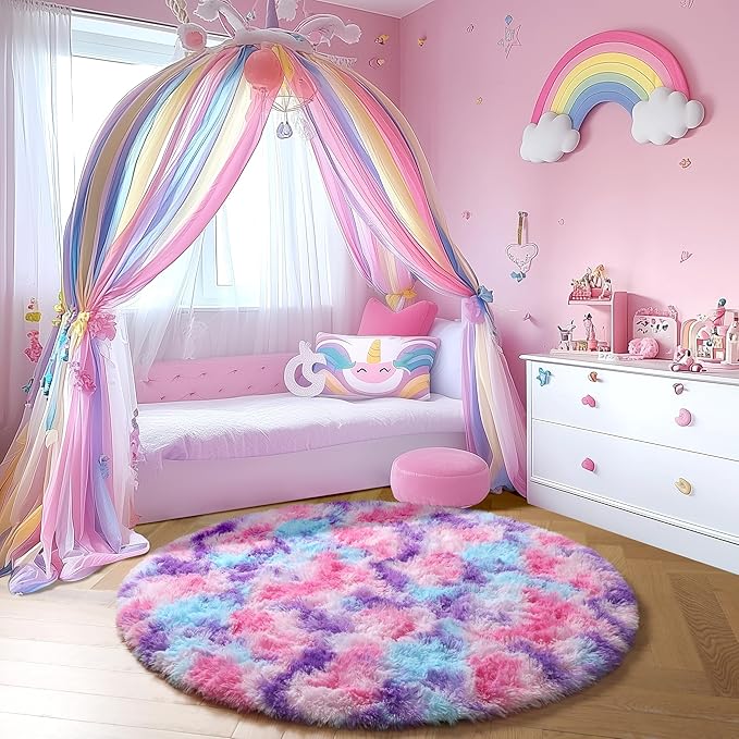 Amdrebio Hot Pink Rainbow Round Circle Area Rug 6Ft for Girls Bedroom, Large Fluffy Cute Fuzzy Colorful Pastel Kids Rugs for Nursery Playroom Classroom, Shag Princess Carpet for Baby Toddler Teen