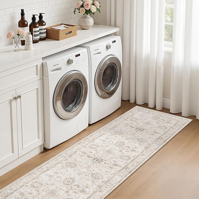 Madane Runner Rug 2x8 for Hallway, Kitchen Non-Slip Runner Rug with Rubber Backing, Vintage Soft Low Pile Throw Neutral Carpet Runner for Laundry Room Entryway Bathroom Bedroom (2 x 8, Brown/Ivory)