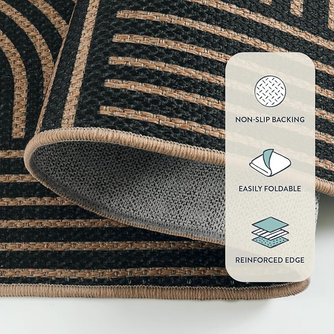 Lahome Enfys Modern Geometric Outdoor Easy Jute Rug, 3x5 Indoor Outdoor Rugs for Entryway Black Living Room Carpet, Farmhouse Washable Non Slip Carpet for Patio Courtyard Bedroom