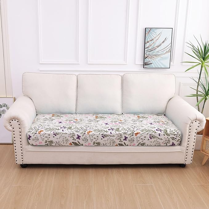 hyha Printed Couch Cushion Covers, Floral Sofa Covers Washable for 3 Cushion Couch, Stretch Pattern Outdoor Cushion Covers for Patio Furniture with Elastic Bottom(Large, Sage Wild Green)