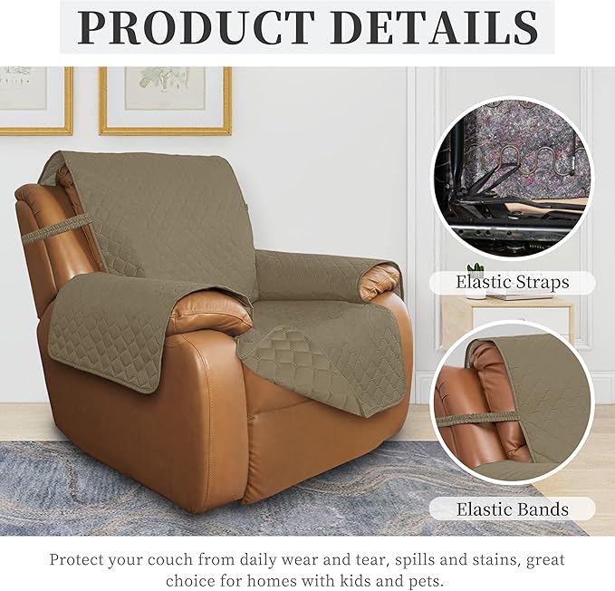 ISSUNTEX Double Protection 100% Waterproof Recliner Covers for Living Room, Reversible Furniture Protector Recliner Couch Sofa Slipcover for Dogs, Pets, Kids (Oversized Recliner, Beige/Beige)