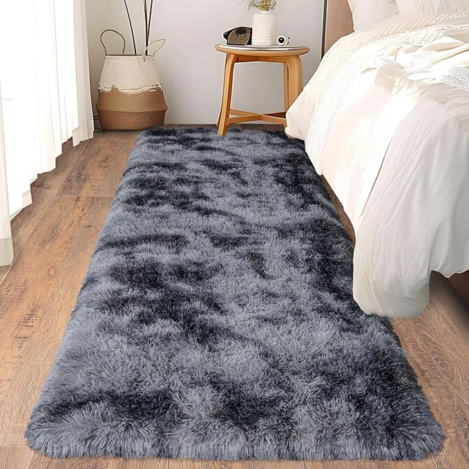 Ultra Soft Runner Rugs for Bedroom Hallways with Upgraded Non-Slip Rubber Backing & Thick Memory Sponge, 2x6 Feet Fluffy Shag Throw Area Rug for Bedside Dorm Tie-dye Dark Grey