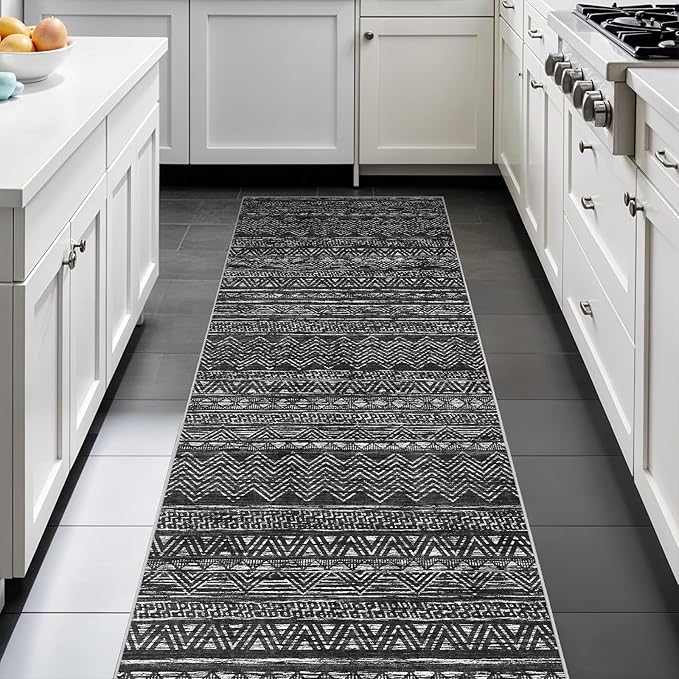 Ksrau 2x5 Hallway Runner Rug - Moroccan Non Slip Long Rug for Entryway Soft Low-Pile Washable Neutral Rugs for Kitchen Small Waterproof Indoor Floor Carpet for Bedroom Bathroom Laundry 2x5 Black