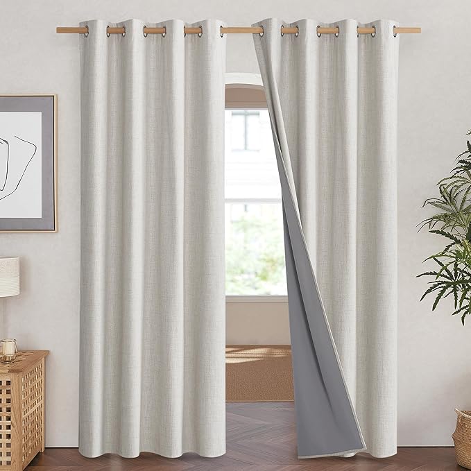 NICETOWN Snowbound Vintage Linen 100% Blackout Curtains for Living Room, Thermal Insulated Curtains 84“ Long, Noise Reducing Window Treatment Drapes for Hall Room, 52" Wide Per Panel, Set of 2