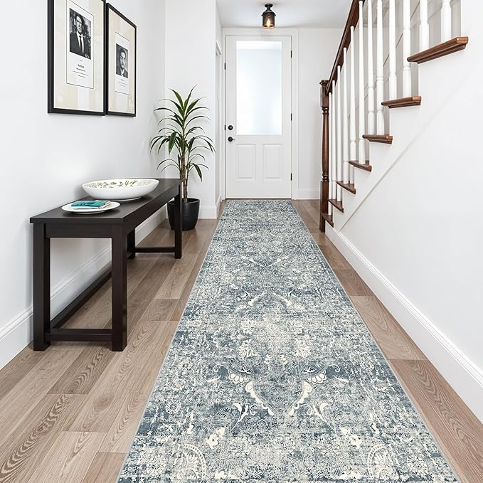 2'6"x14' Washable Hallway Runner Rug - Non Slip Kitchen Runner Rugs with Rubber Backing Vintage Low-Pile Carpet Runners for Entryway Dining Room Laundry Room Home Decor (Blue)