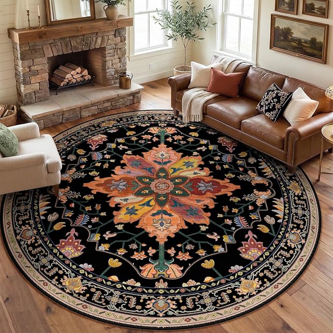 RELEANY Area Rugs 8ft Washable Non-Slip, Floral Vintage Distress Print Pattern Medallion Carpet for Living Room Bedroom Dining Room, Black Colorful Floral Dark Tan