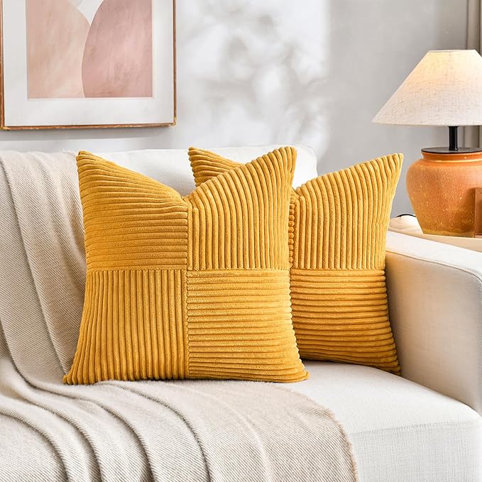 Fancy Homi 2 Packs Gold Yellow Samll Decorative Throw Pillow Covers 14x14 Inch with for Couch Bed Sofa, Farmhouse Boho Spring Home Decor, Soft Corss Patchwork Corduroy Square Cushion Case 35x35 cm