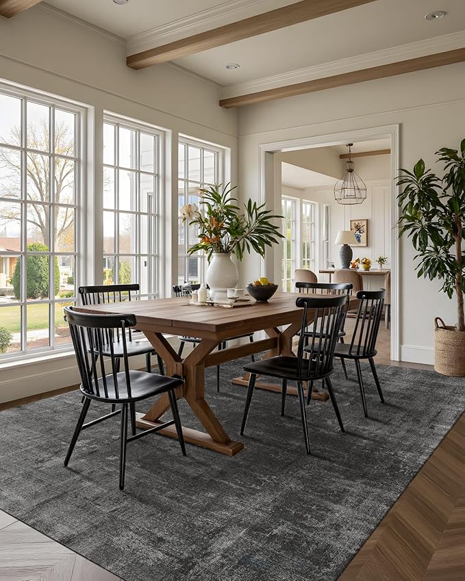 Latte&Fog 6x9 Area Rugs for Living Room Bedroom, Black Modern Abstract Neutral Washable Rug, Boho Non Slip Low Pile Carpet for Dining Room, Dorm,Classroom,College Dorm, Farmhouse and Kids Room - Black