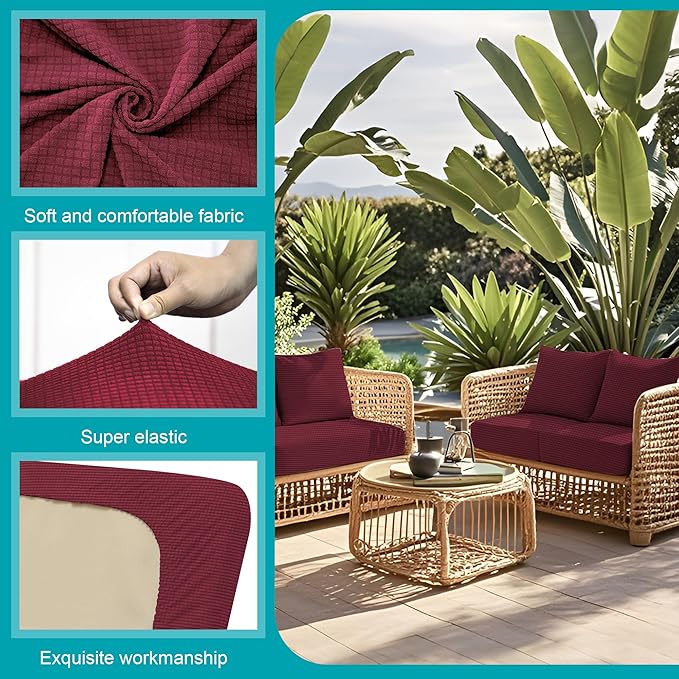 12Pcs Stretch Patio Cushion Covers,Outdoor Couch Covers Replacement,Outdoor Couch & Sofa Slipcovers,for Patio Furniture Cushion Covers,Washable Reusable Furniture Protector (Wine red,Cover Only)