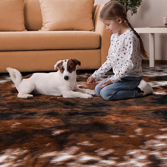 Cow Print Faux Cowhide Rug, Fluffy Fur 6.2x8.2 Feet Washable Cow Rugs for Living Room Bedroom Animal Print Hide Skin Rustic Western Décor Black and Brown