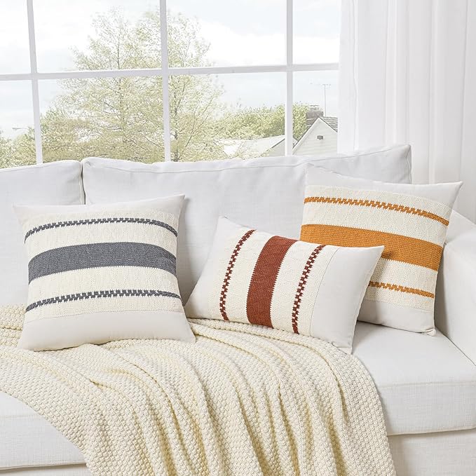 Fancy Homi Set of 1 Neutral Grey Farmhouse Lumbar Decorative Throw Pillow Covers 12x20 Inch for Couch Bed Chair, Vintage Country Rustic Retro Room Decor, Soft Thick Cotton Rectangle Cushion Case