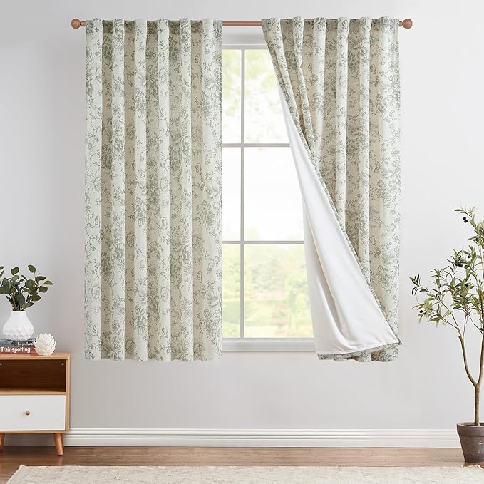 jinchan Linen Blend Floral Curtains for Living Room 63 Inches Extra Long Farmhouse Printed Curtain Back Tab Green Peony Flower Patterned Drapes Bedroom Window Curtains Set 2 Panels