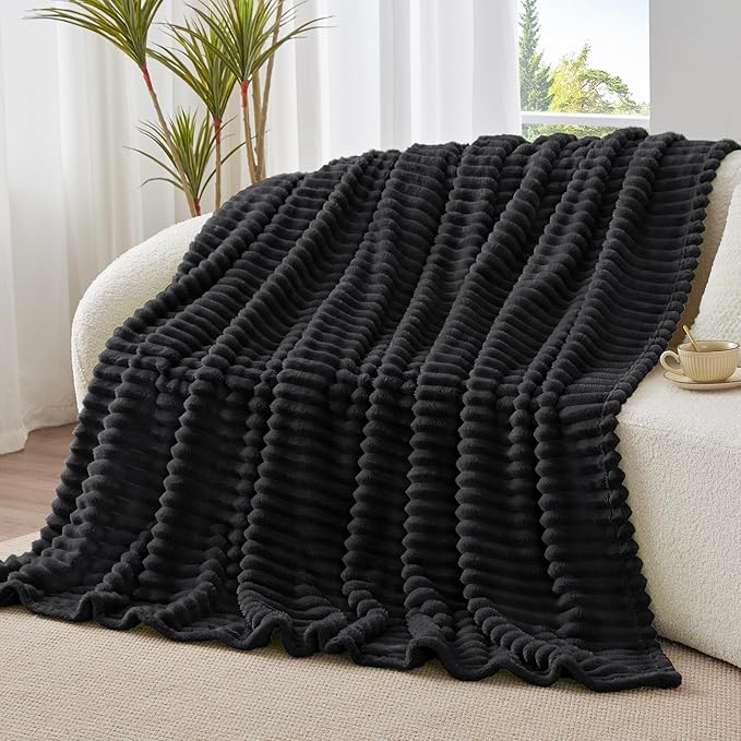 BEDELITE Twin Blanket for Couch & Bed, 300GSM Soft & Warm Fleece Blanket, Decorative and Giftable Striped Black Blankets for Women, Men, 60"x80"