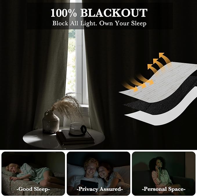RYB HOME Ivory White 100% Blackout Curtains for Bedroom, Linen Drapes Back Tab&Rod Pocket, Thermal Insulated Privacy Assurd Curtains for Sliding Glass Doors/Dining/Living Room, W52 x L96, 2 Panels