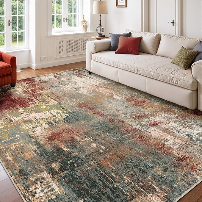 Washable Area Rugs 5'x8' Non-Slip Modern Abstract Soft for Living Room Entryway Bedroom Nursery, Print Pattern, Brown Rust Red Green Blue Multi