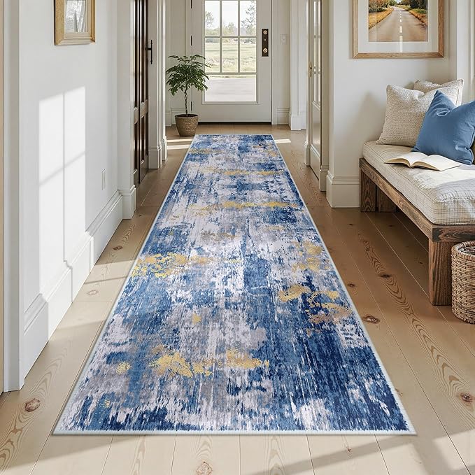 Washable Area Rugs 3x12 Non-Slip Modern Abstract Soft for Living Room Entryway Bedroom Nursery, Print Pattern, Grey Blue Gold/Golden