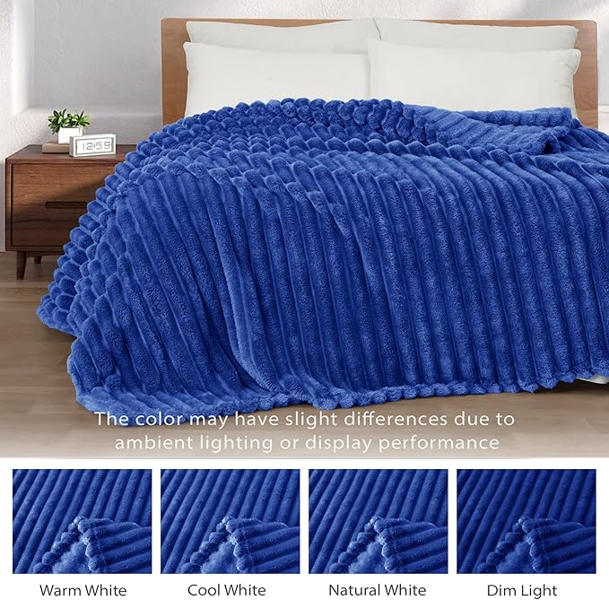 Exclusivo Mezcla Twin Size Flannel Fleece Blanket, Super Soft Striped Jacquard Bed Blanket, Lightweight Fuzzy Cozy for All Seasons, 60x80 Inches, Cobalt Blue
