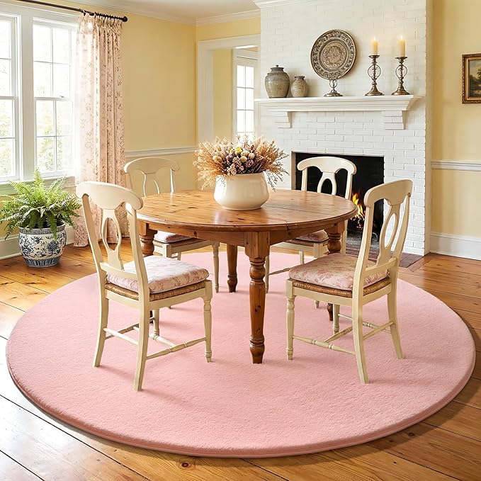 Amearea Pink Round Area Rugs 4ft Washable Circle Rugs for Bedroom Living Room, Fluffy Indoor Thickened Memory Foam Rug, Non Slip Minimalist Circular Carpet for Kids Boys Girls Dorm Nursery Room Decor