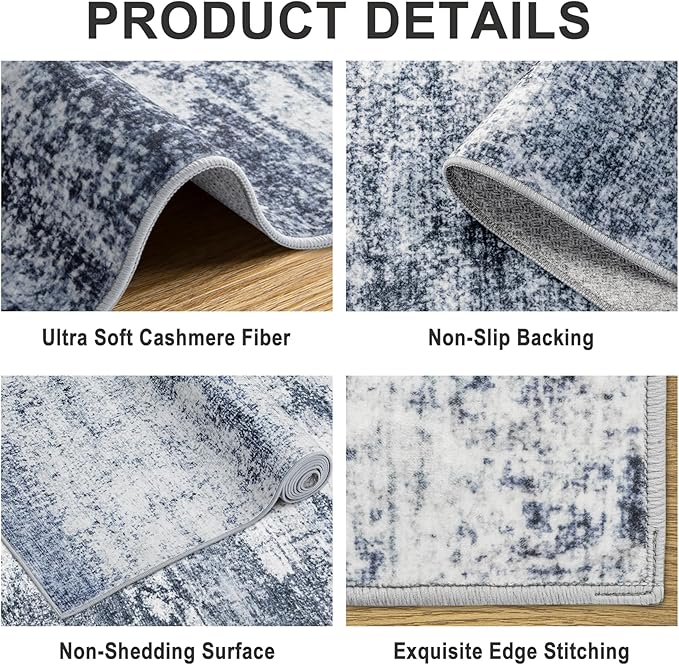 Area Rugs 10x14 Living Room - Washable Rug Modern Abstract Soft Large Neutral Non-Slip Carpet Indoor Floor Thin Carpets for Bedroom Dining Room Farmhouse Nursery Home Office Grey Blue