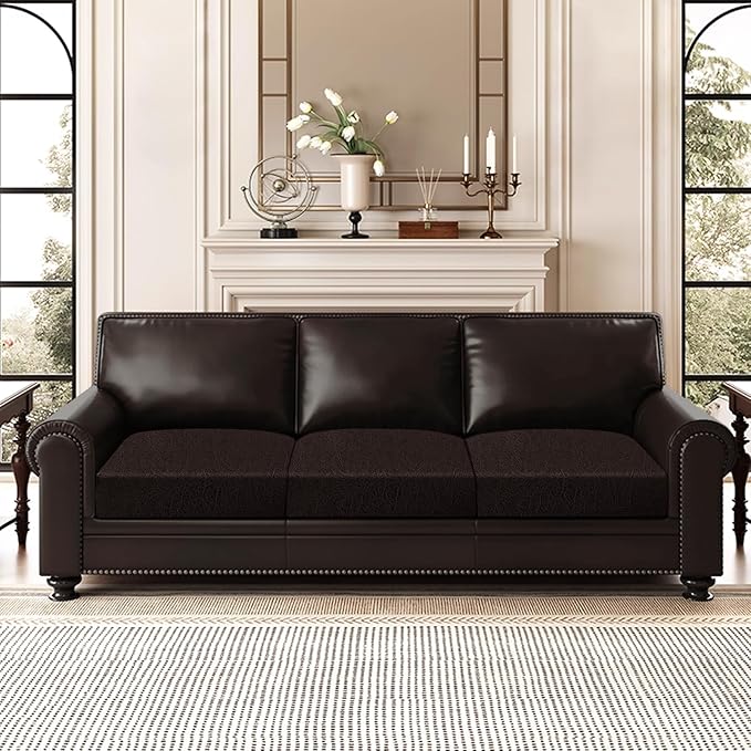 Leather Look Couch Cushion Covers Sofa Seat Slipcovers Sets Couches Furniture Protector for Sectional Armchair Loveseat Pets Kids Stretch Spandex Fabric (3 Cushion Sofa, Chocolate)